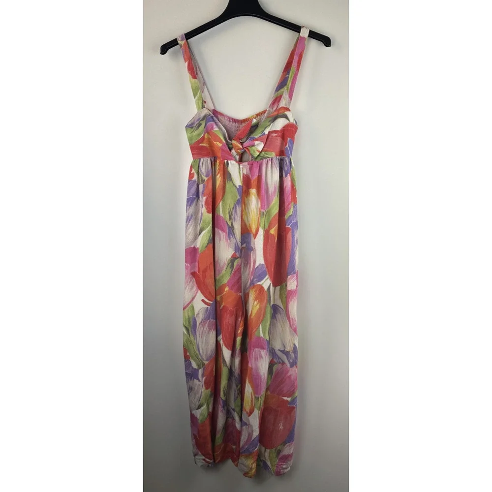 Pepaloves Playsuit Wide Leg Floral Watercolor Jumpsuit Bow Tie Front Pocket Sz M - Picture 2 of 13